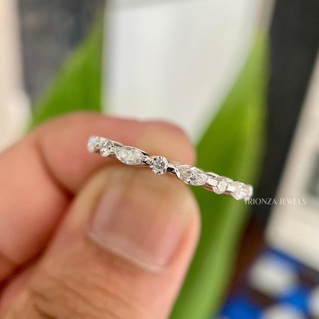 0.66 TCW Marquise & Round Moissanite Eternity Wedding Band