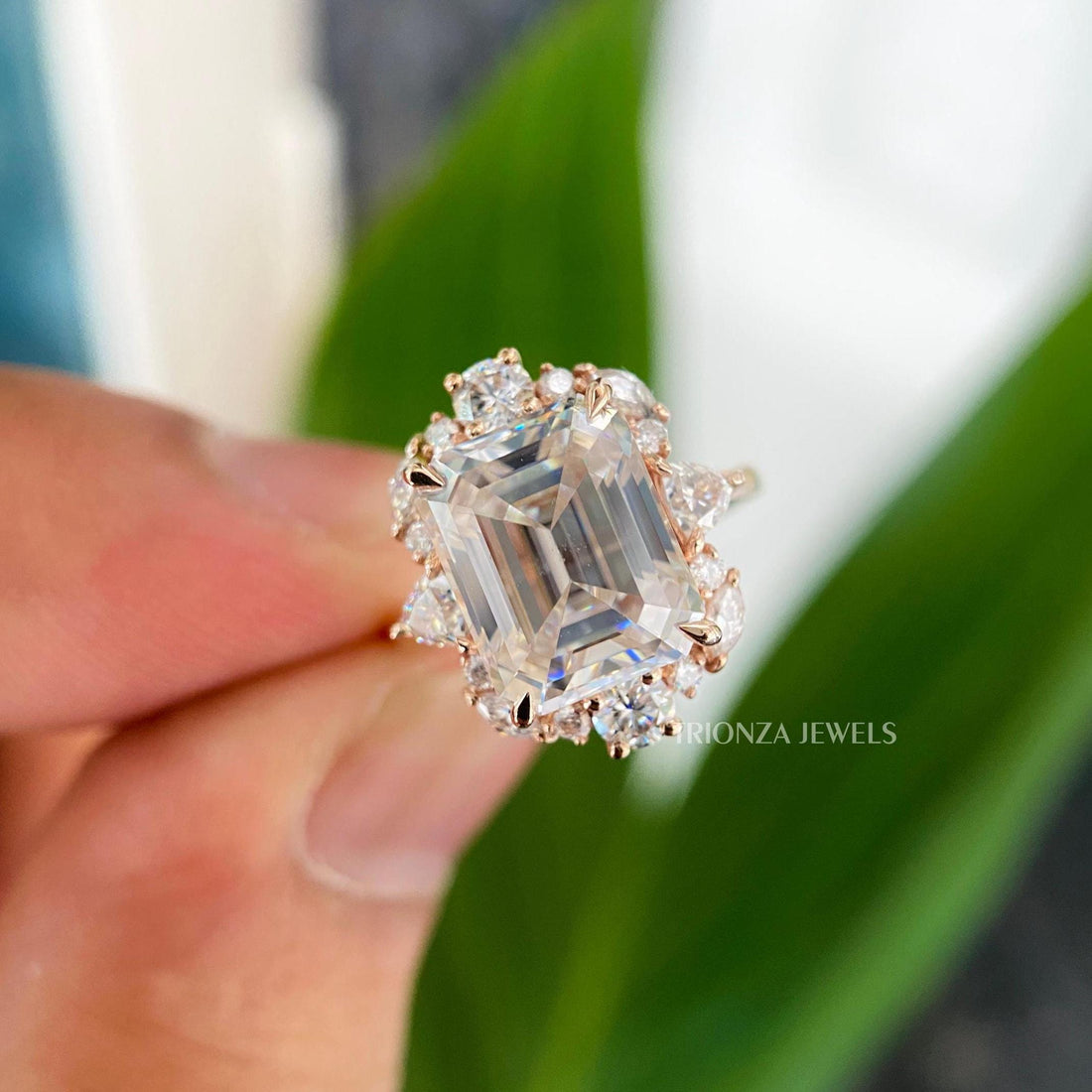 Emerald cut moissanite halo engagement ring crafted in handmade solid gold for her