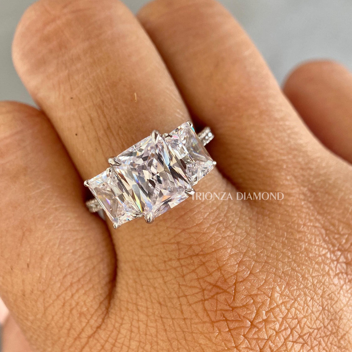 Close-up of the radiant cut lab grown diamonds highlighting their color and clarity