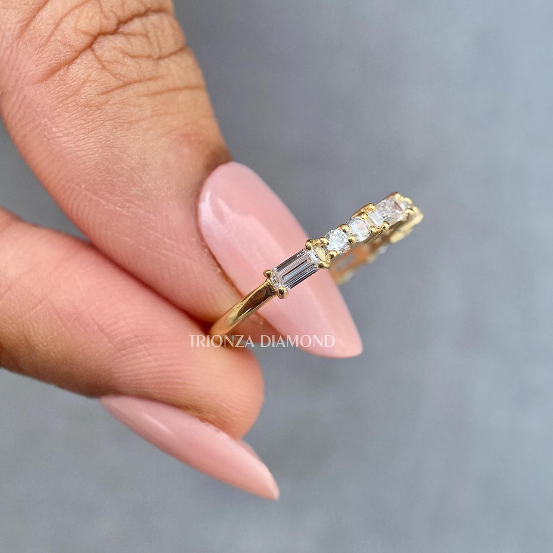 Lab grown diamond baguette half eternity band crafted in 14k solid gold for everyday elegance