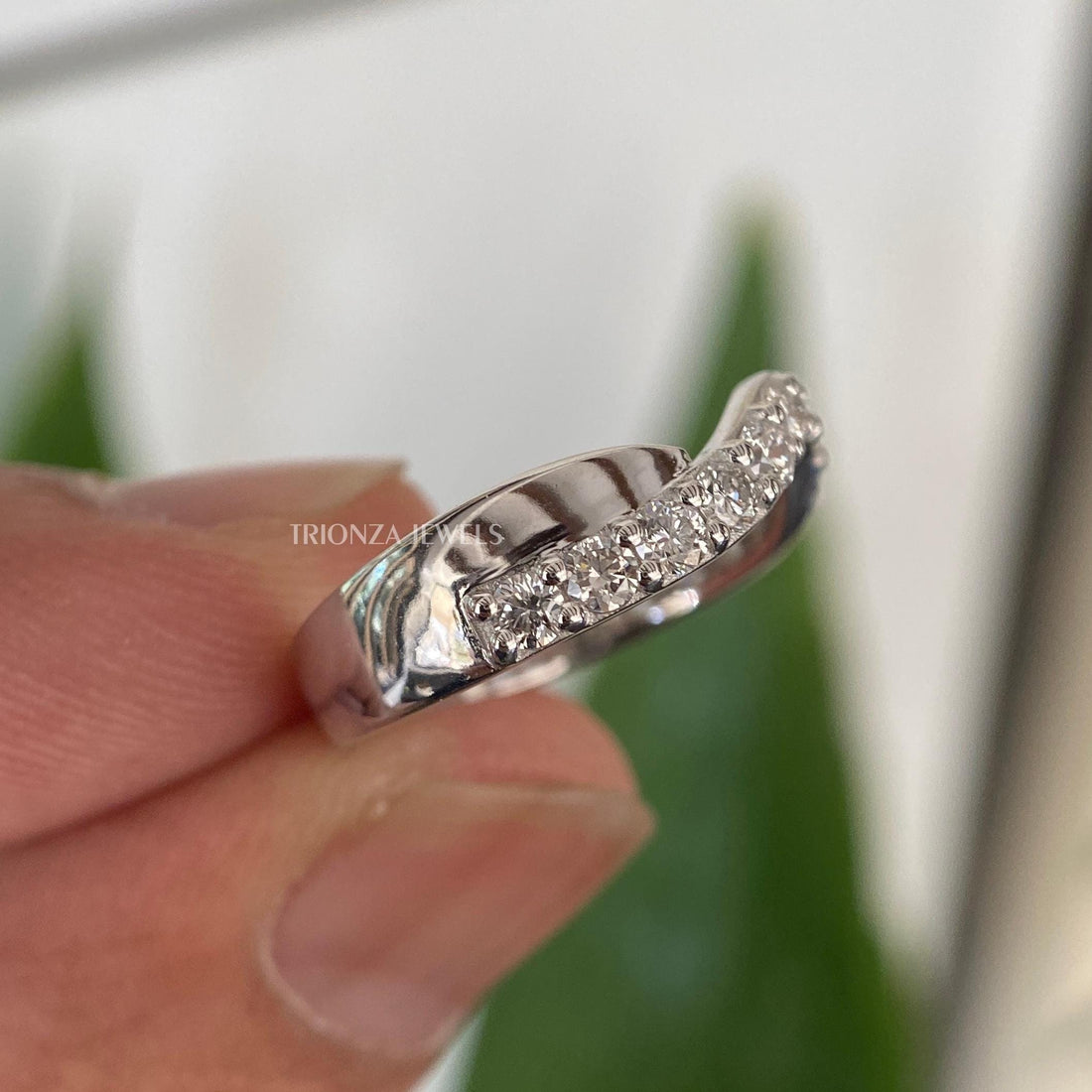 Curved Moissanite Wedding Band | 2.3MM Round Half Eternity