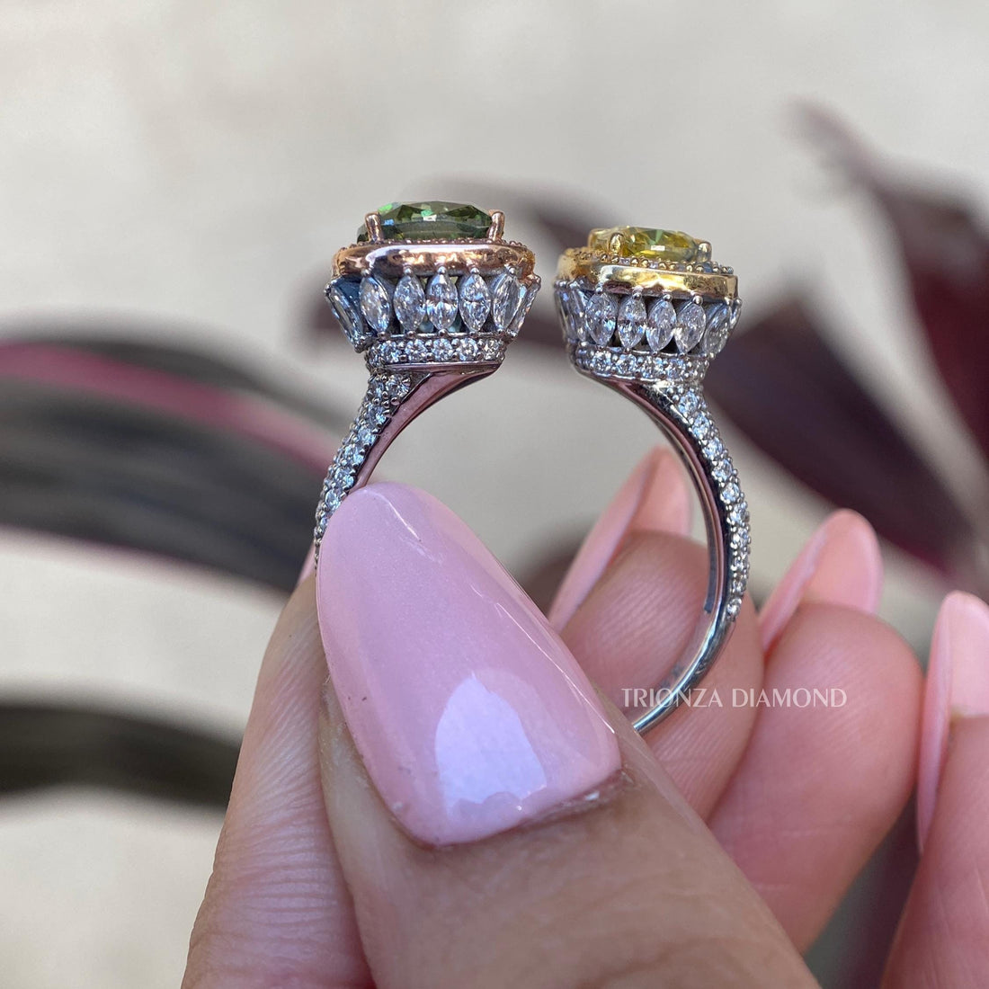 Two Tone Lab Grown Diamond Ring | Green & Yellow Cushion Cut Halo