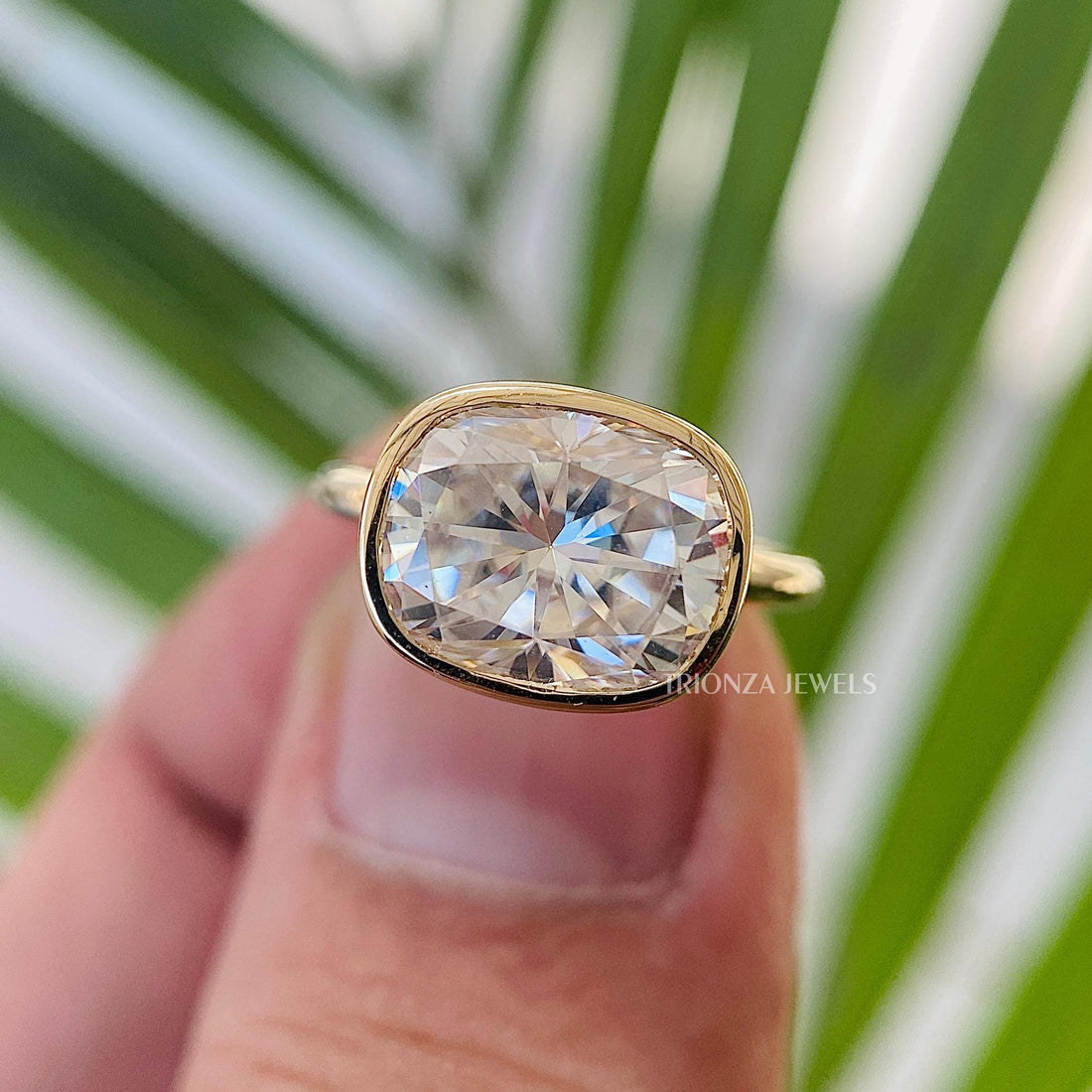 3 CT Elongated Cushion Moissanite Bezel Solitaire Ring 14K Gold