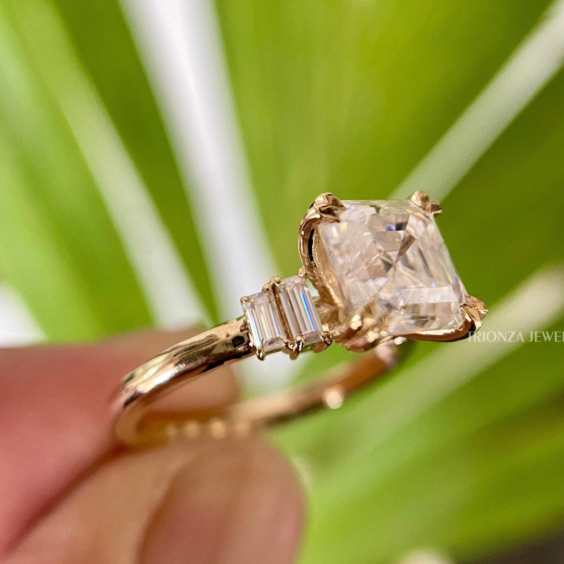 2ct Asscher Cut Moissanite Ring - Art Deco 14k Gold Engagement