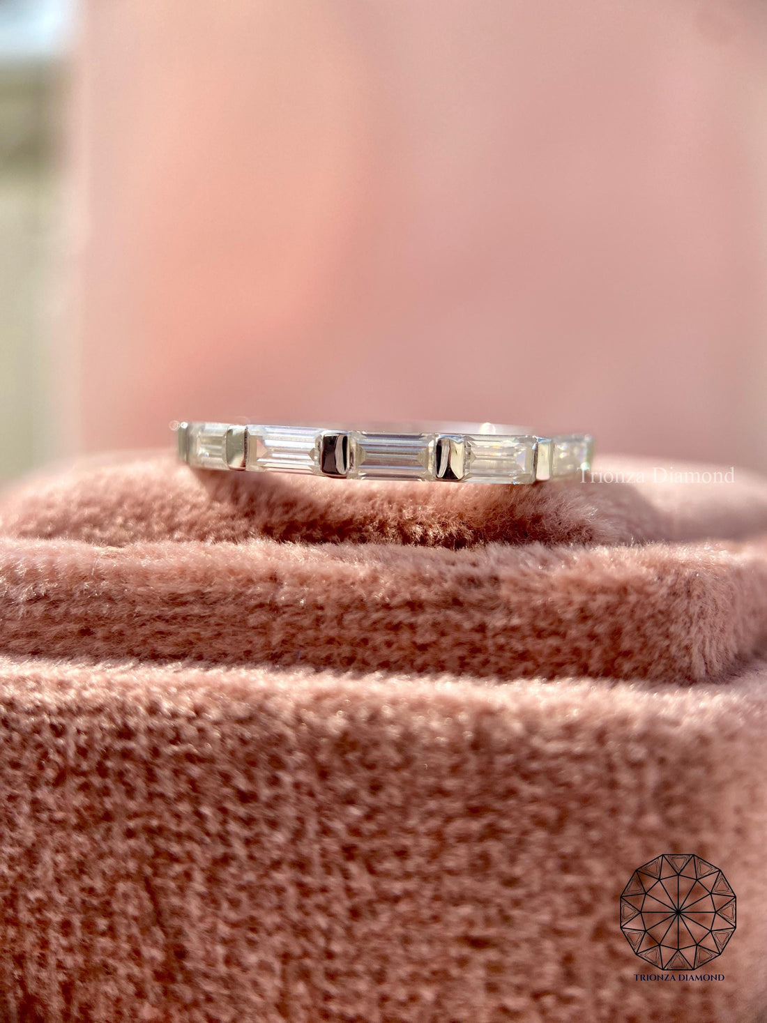 Baguette cut lab grown diamond half eternity band with a minimalist stackable design