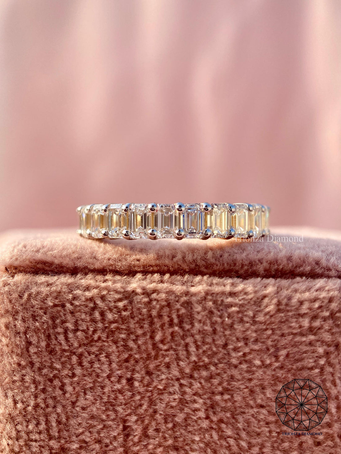 Emerald cut lab grown diamond half eternity band showcasing a dazzling stackable ring design