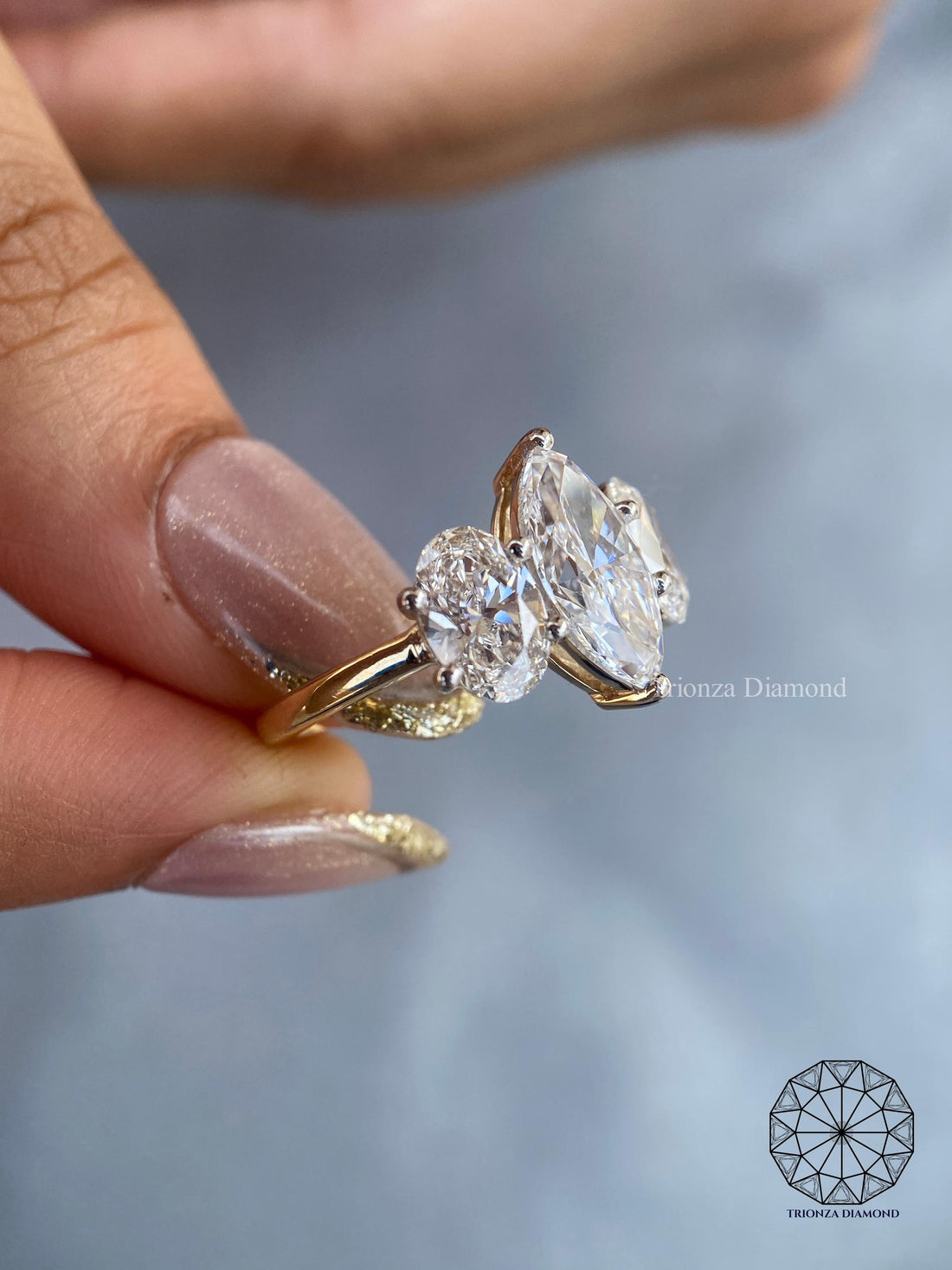 5.5 CT D/VS1 Marquise & Oval Lab Diamond 3 Stone Engagement Ring