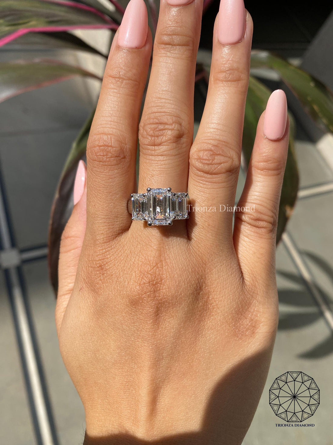 IGI Certified Emerald Cut Lab Diamond Three Stone Ring 18K Gold