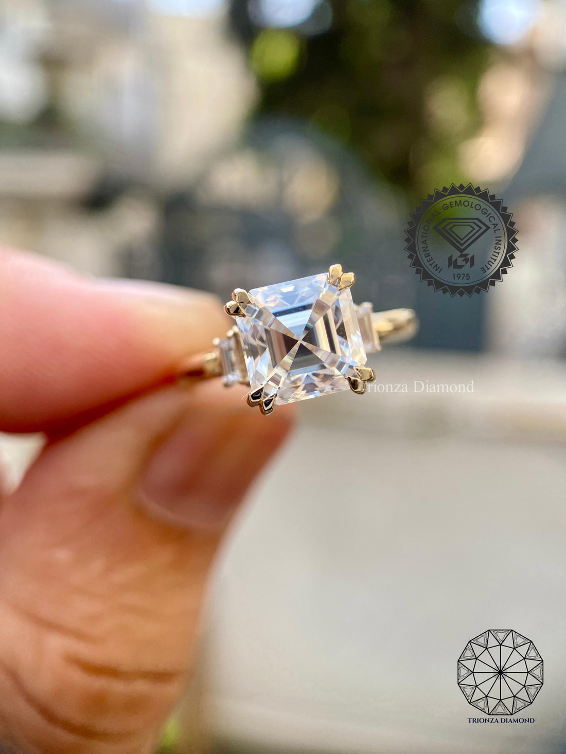 Asscher cut lab diamond engagement ring with side baguette accents in 14K yellow gold