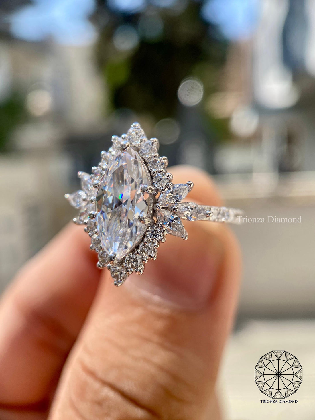 2.50 CT Marquise Lab Grown Diamond Starburst Halo Engagement Ring