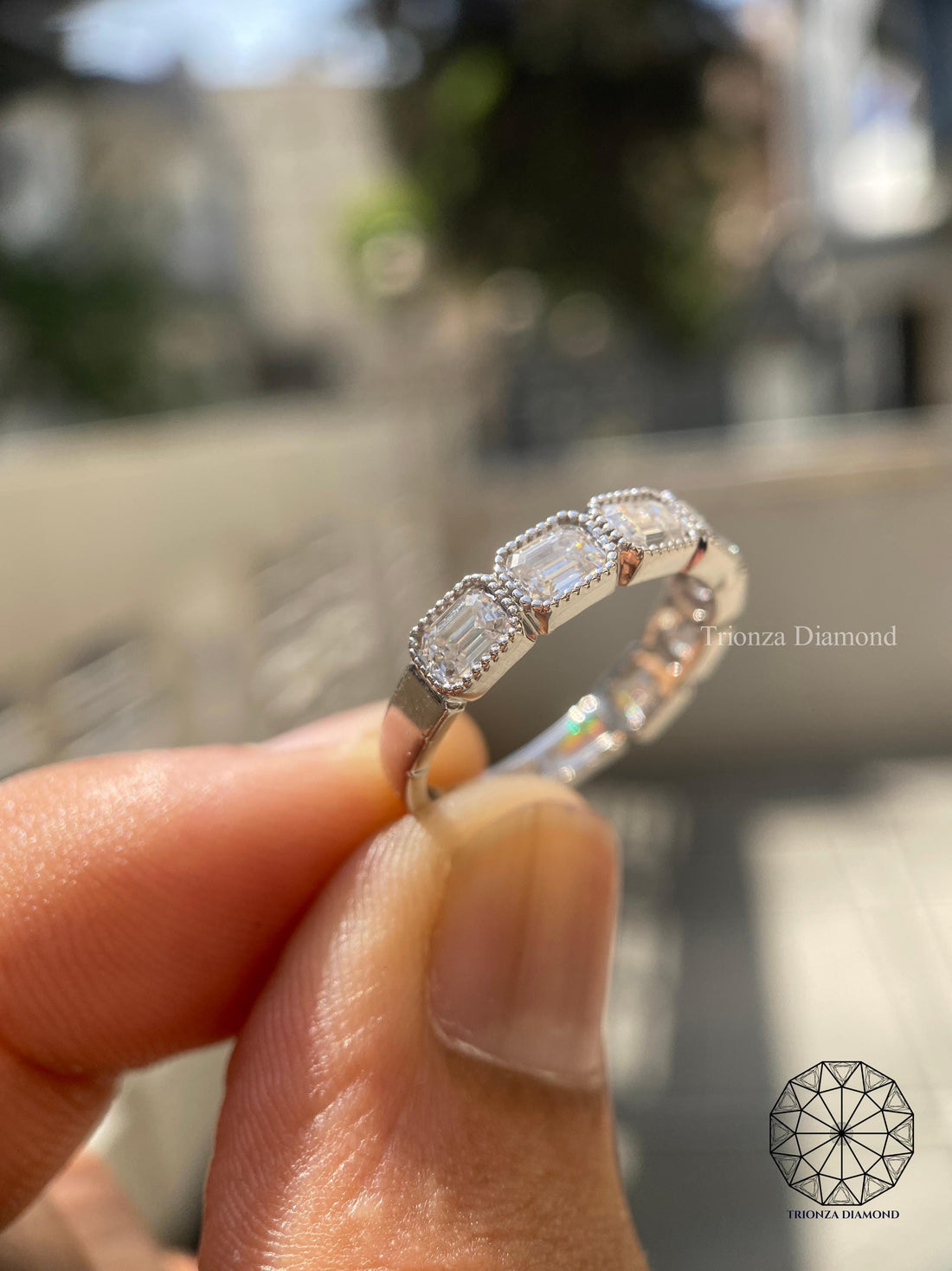 Emerald Cut Lab Diamond Wedding Band | Platinum Half Eternity Ring