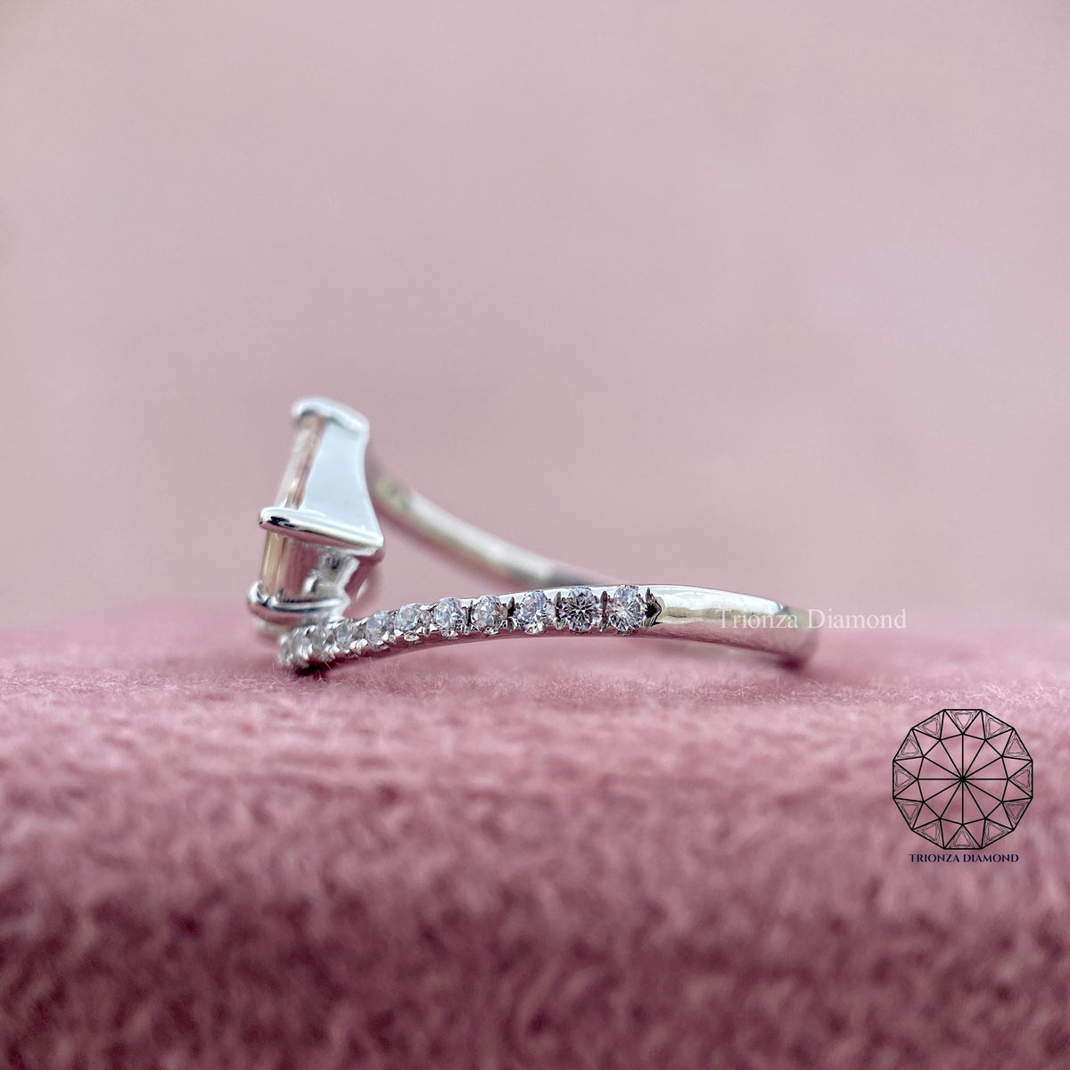 Bypass shank engagement ring featuring a 1.49 CT modified trillion rose cut lab grown diamond
