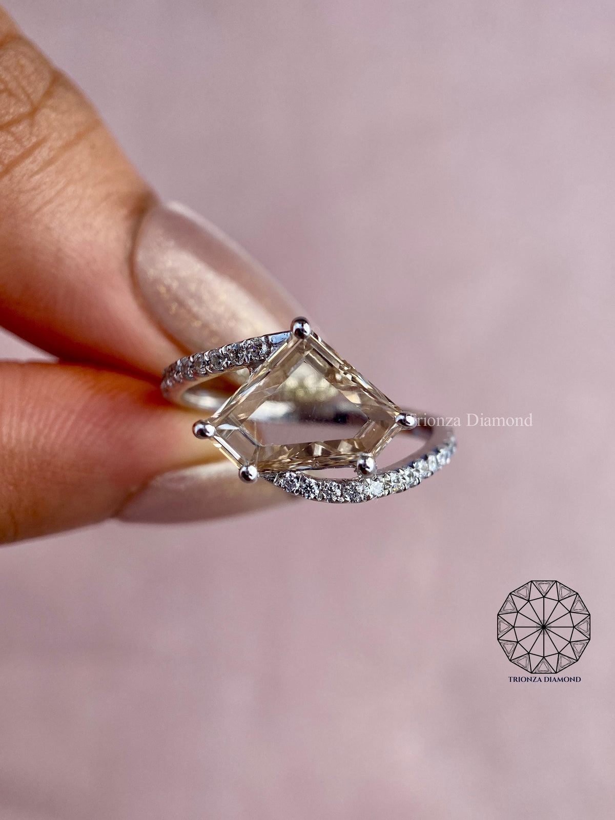 Woman wearing the bypass shank diamond ring showing its unique bridal design
