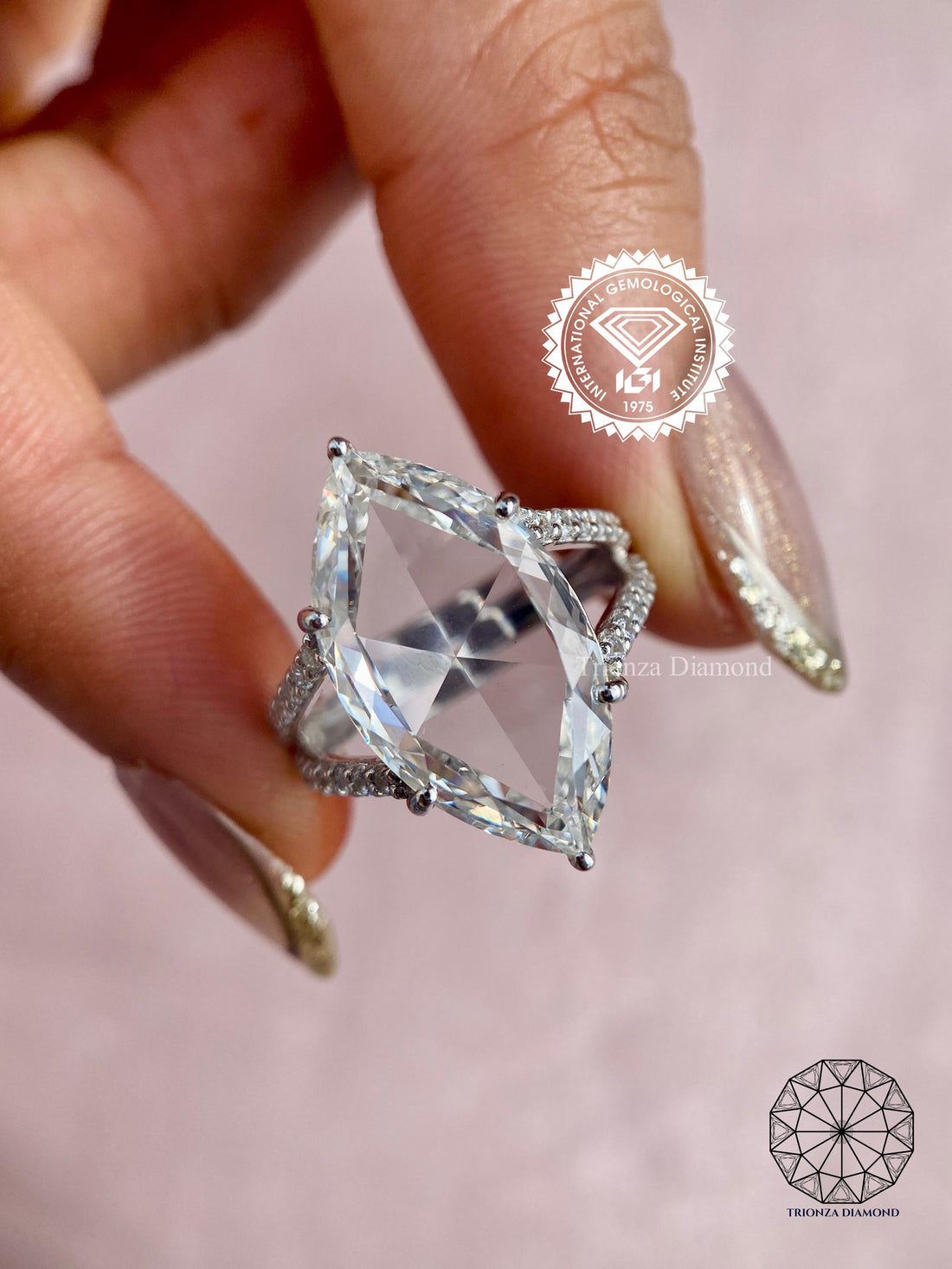 Marquise rose cut lab grown diamond ring featuring an 8.04 CT center stone in a statement setting