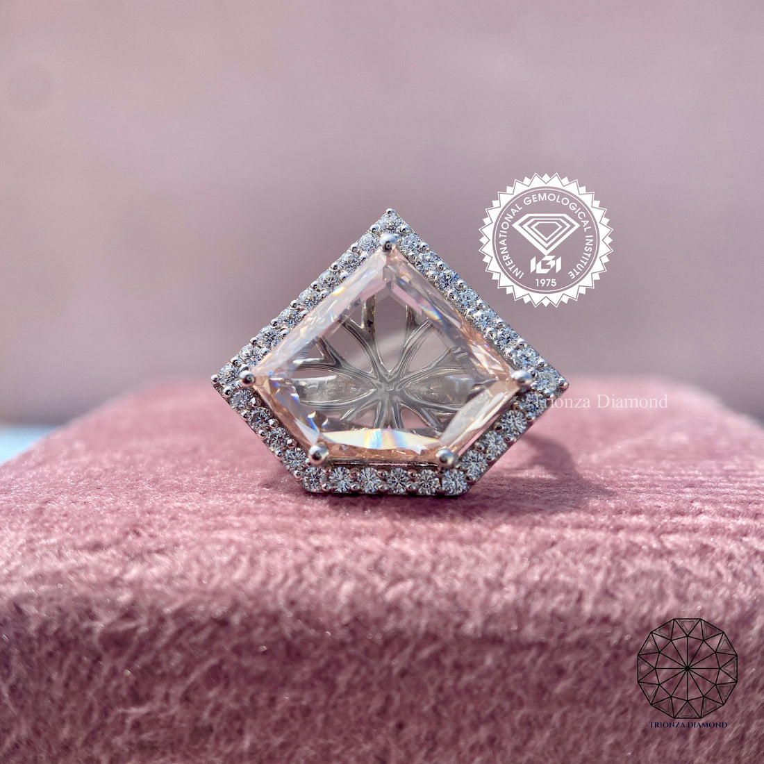 Modified trilliant rose cut diamond ring showcasing a unique tulip inspired halo design