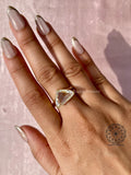 Woman wearing the trilliant rose cut diamond ring on her hand