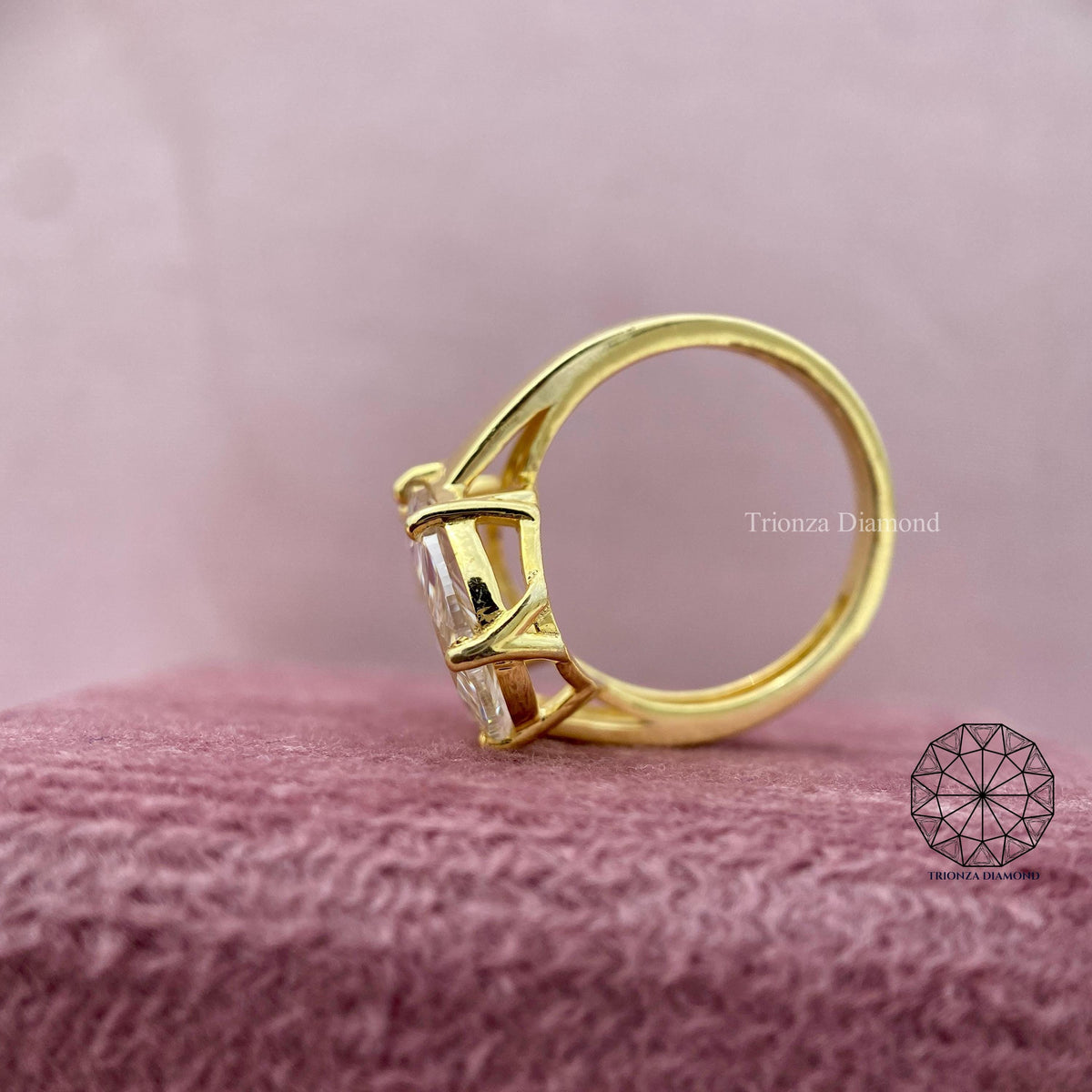 Unique diamond ring shown from above to reveal the marquise illusion shape