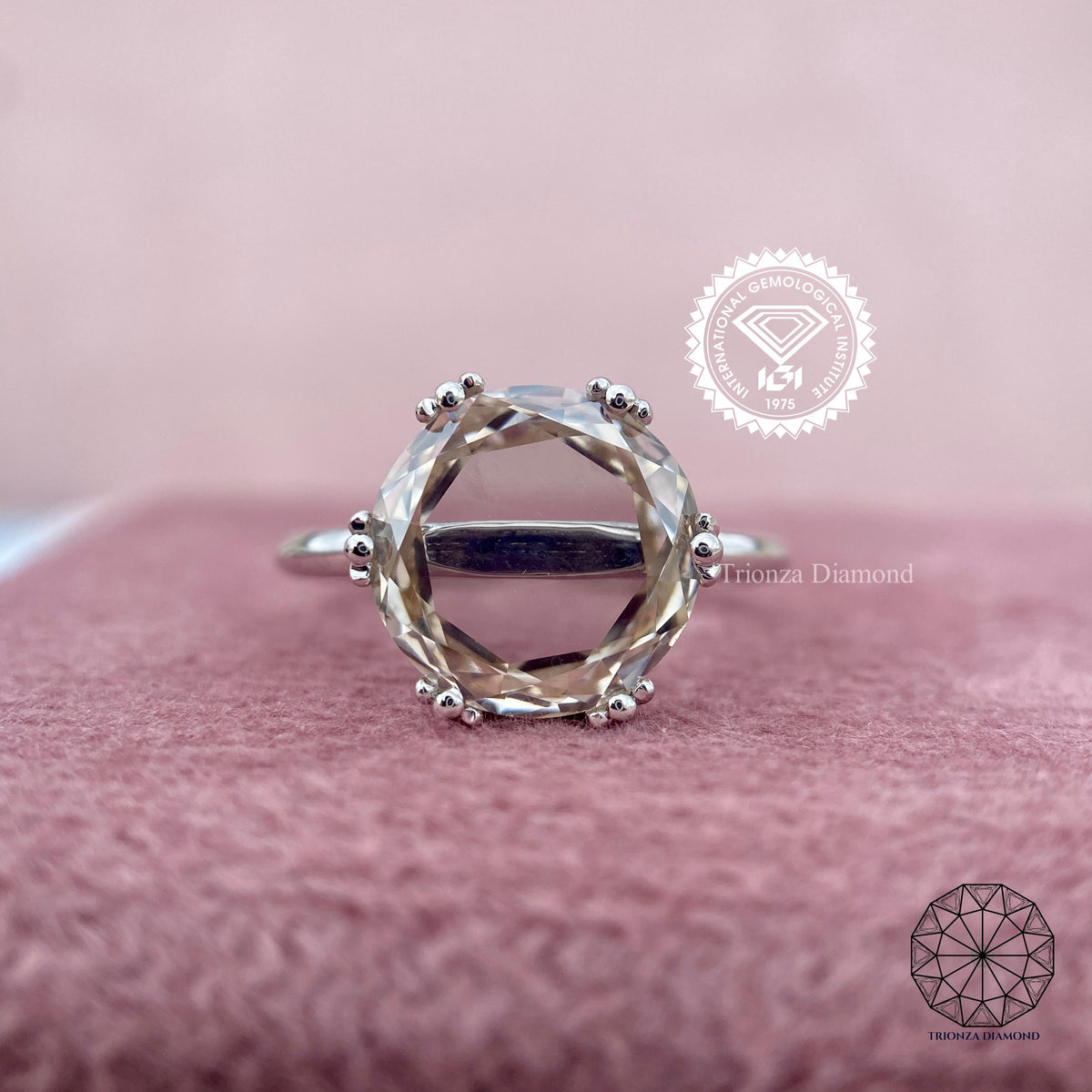 Round rose cut lab grown diamond ring showcasing a unique 2.93 CT solitaire design