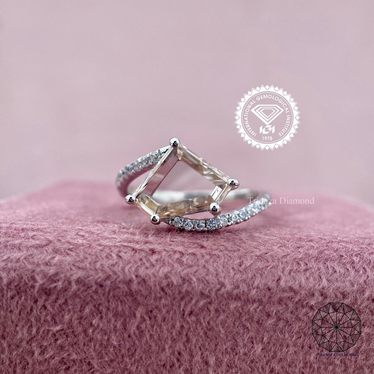 Modified trillion rose cut diamond ring with a bypass shank pave setting displayed up close