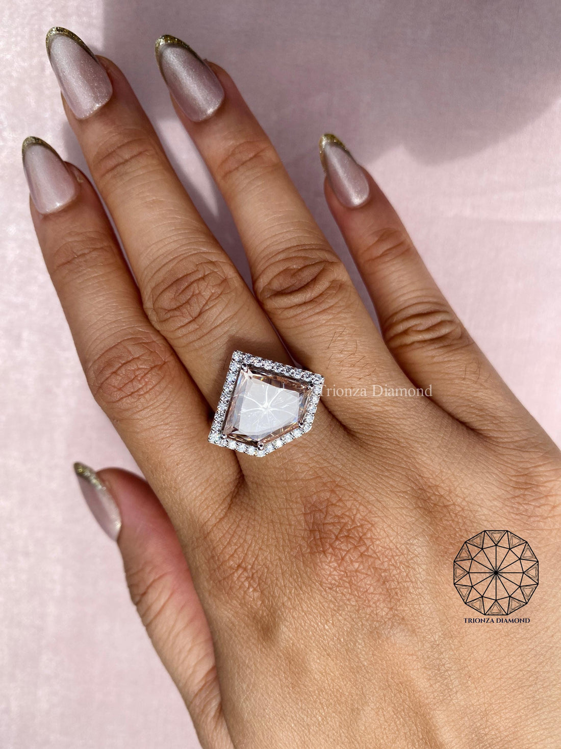 5CT Modified Trillion Rose Cut Lab Grown Diamond Halo Ring IGI Cert