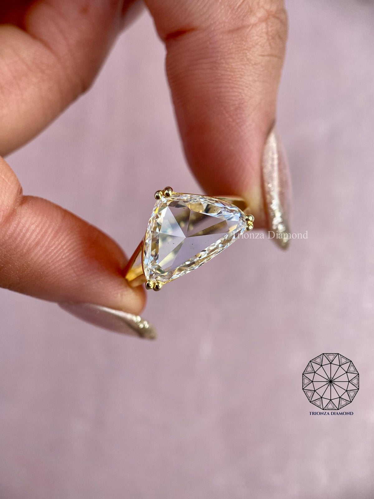Trilliant rose cut lab diamond engagement ring with a bold triangle shape design