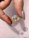Pear rose cut diamond paired with a half moon rose cut diamond in a modern you and me design