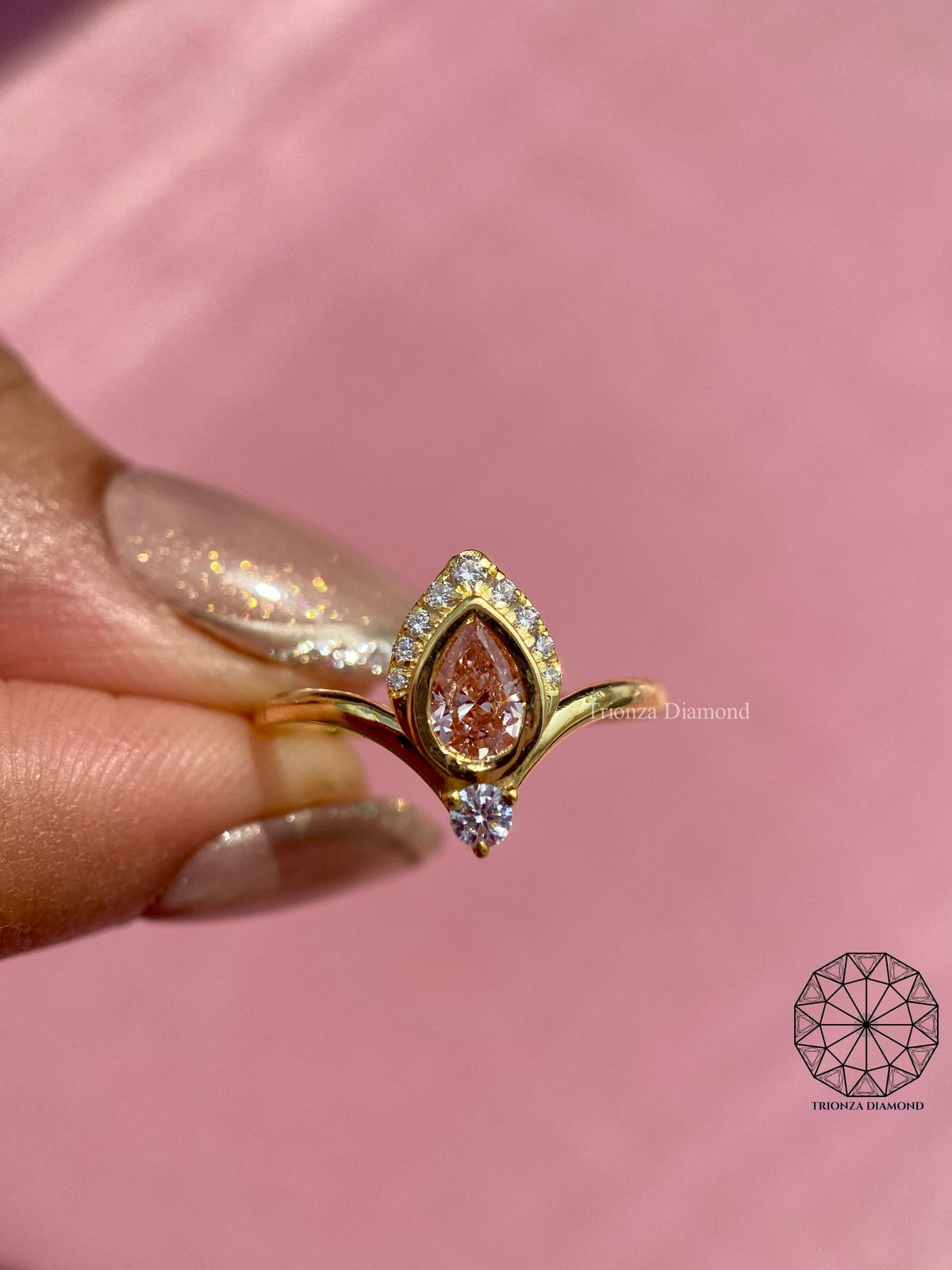 Stacking ring view showing how the curved chevron band pairs with other rings