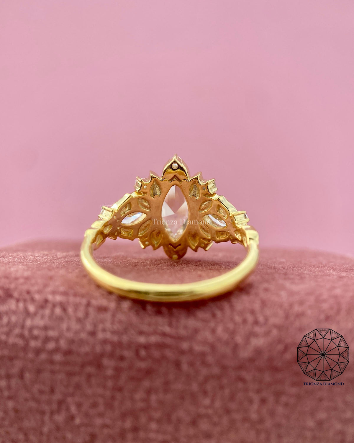 Woman wearing the marquise nature inspired engagement ring on her hand