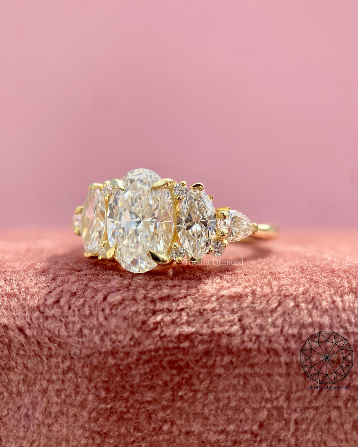Side view of the vintage cluster ring highlighting the 14k yellow gold band and setting