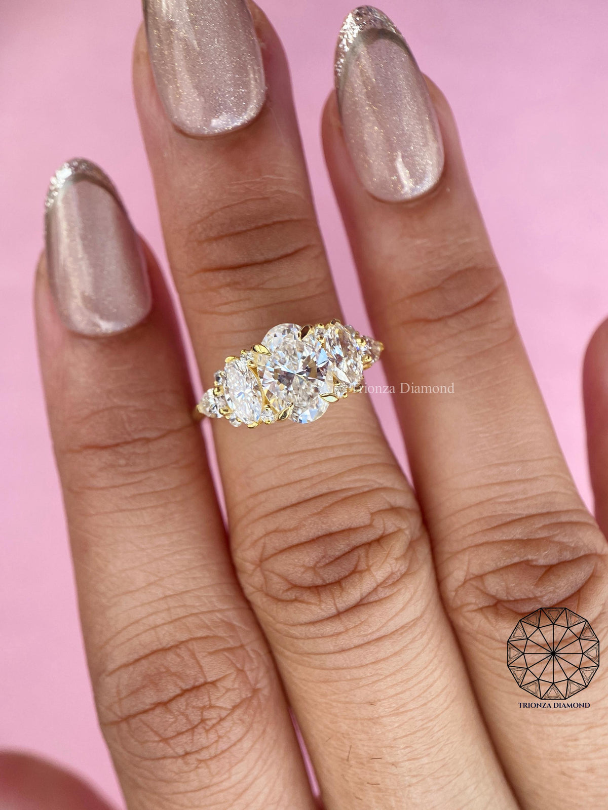 Top view of the oval cut diamond ring emphasizing its 1.28 carat white diamond brilliance