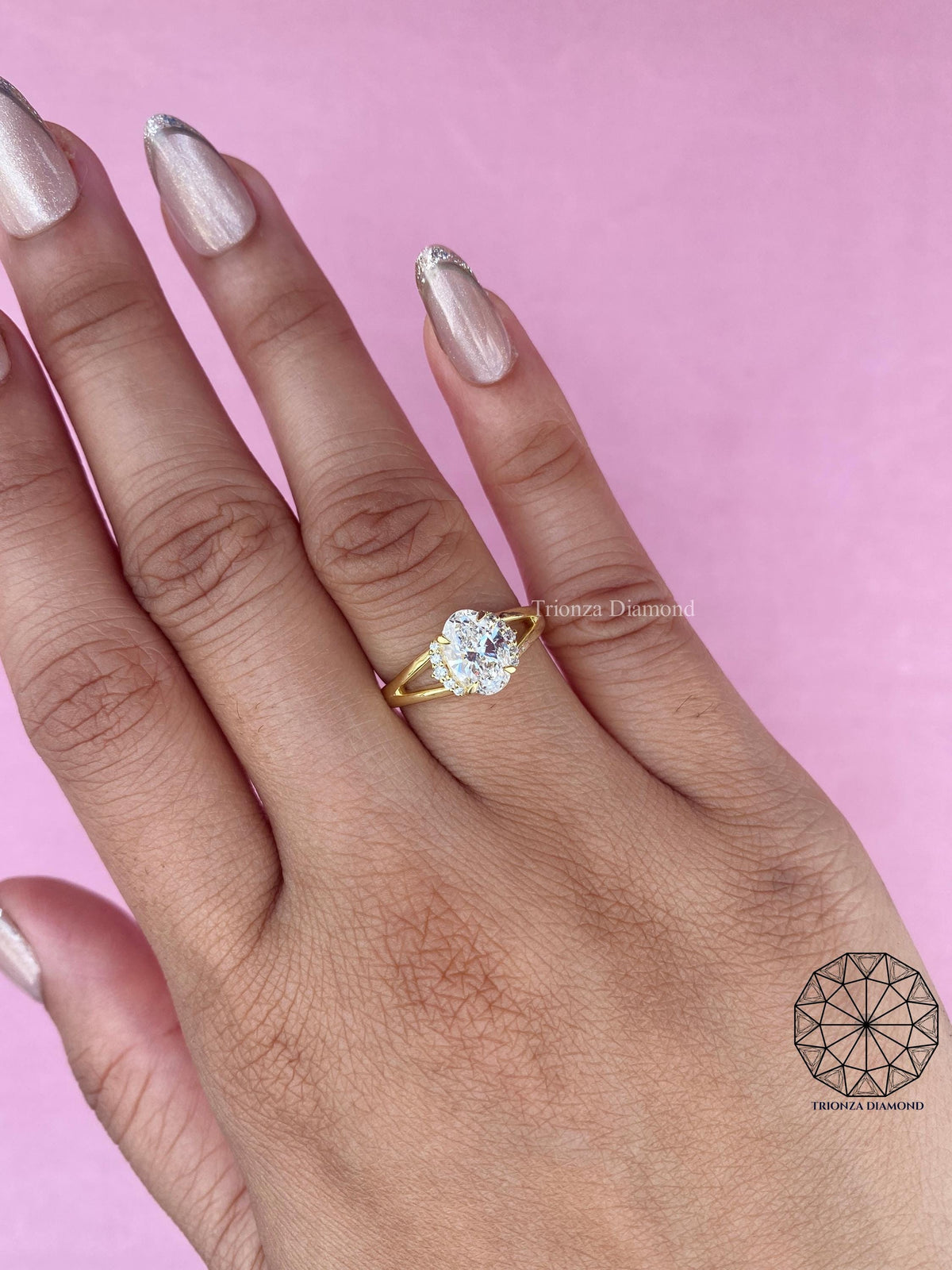 Close-up of the oval cut diamond showing its brilliance and clarity