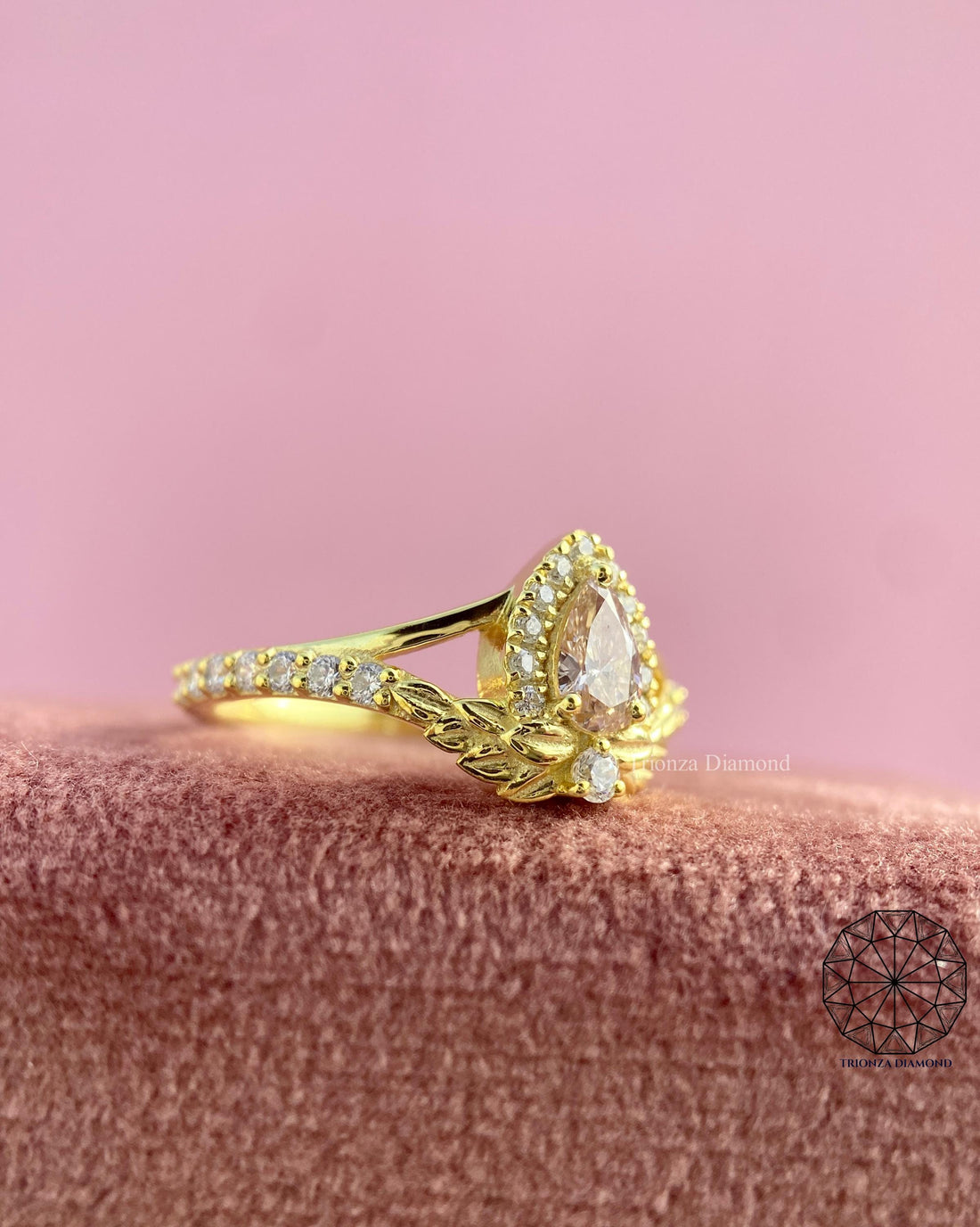 Pink Pear Lab Diamond Engagement Ring, Split Shank Leaf Design