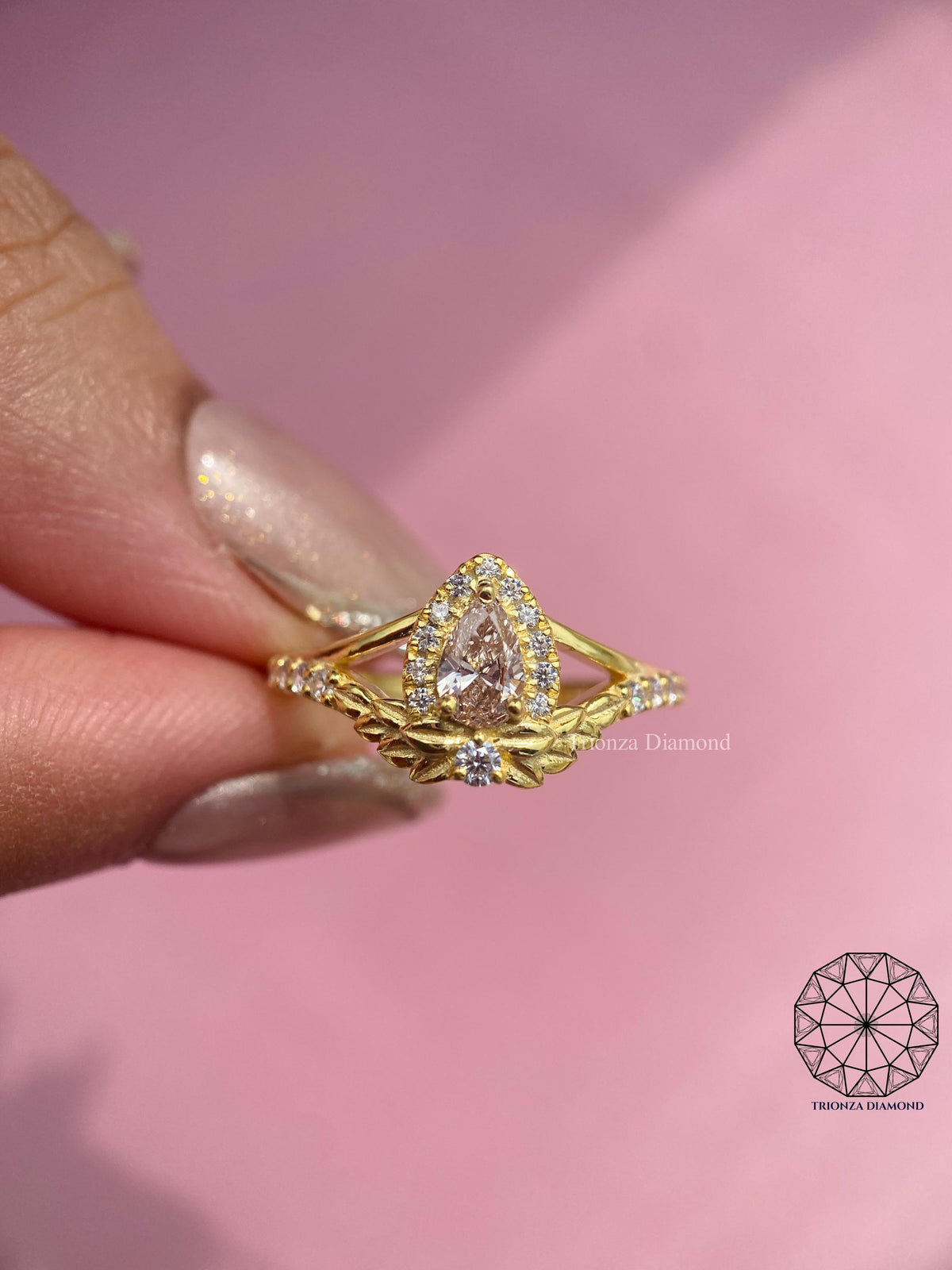 IGI certified pink lab grown diamond set in a handmade TrionzaDiamond creation