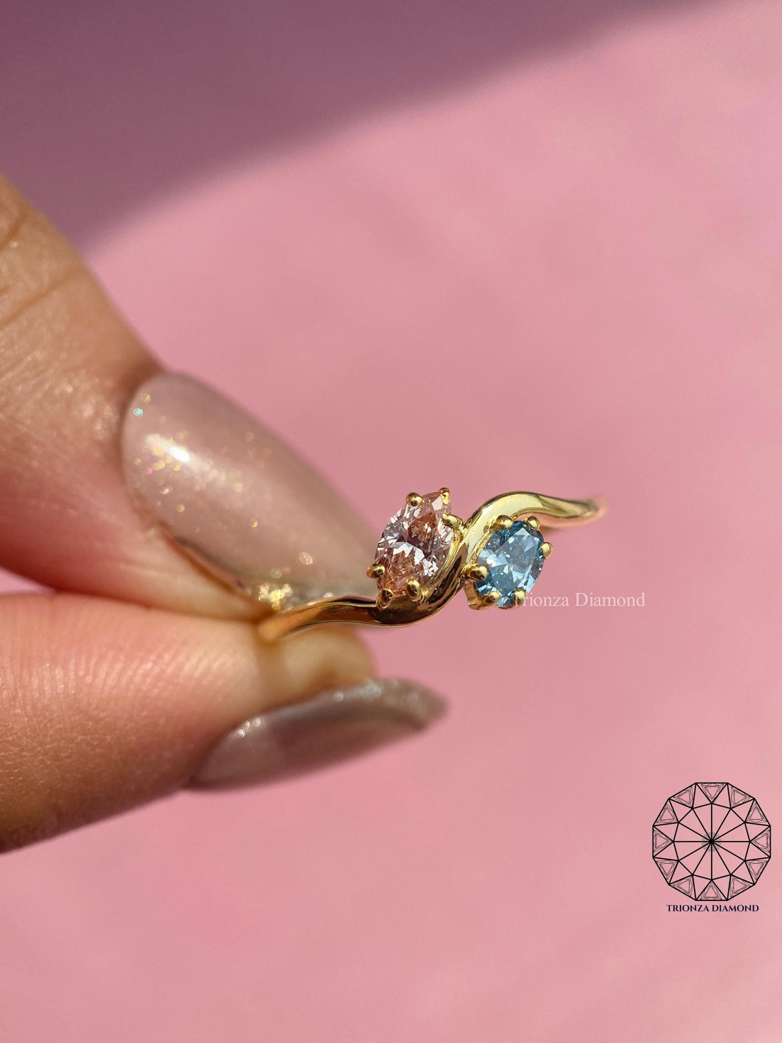 Marquise Oval Toi Et Moi Lab Diamond Engagement Ring Pink Blue