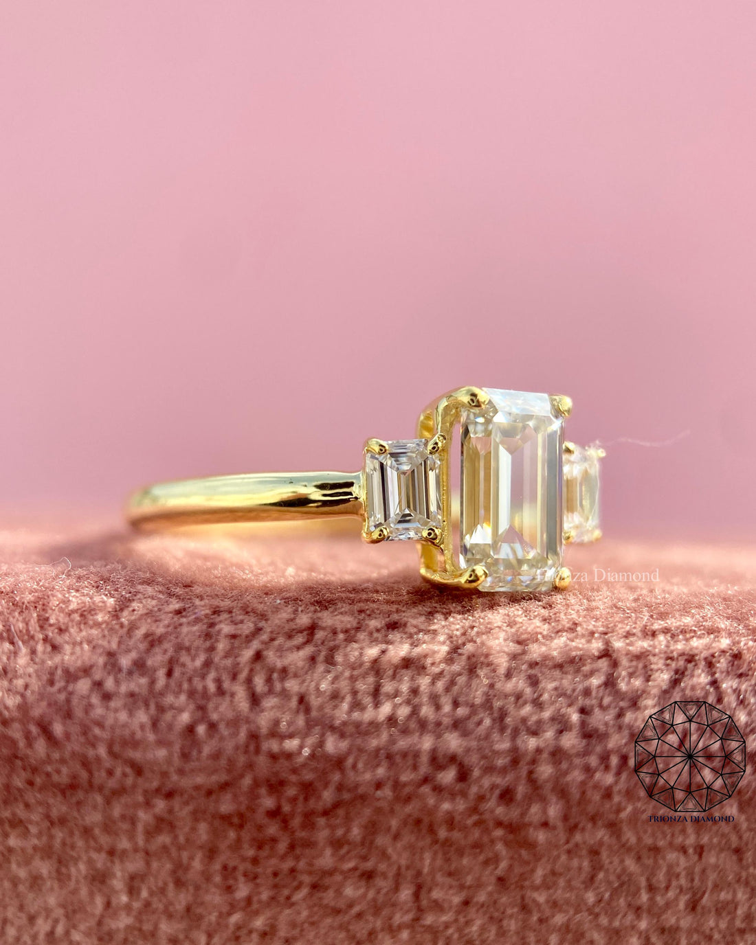 Emerald Cut 3 Stone Lab Grown Diamond Engagement Ring 14k Gold