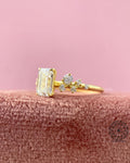 Snowdrift style engagement ring displayed to highlight the unique 4 prong gold setting