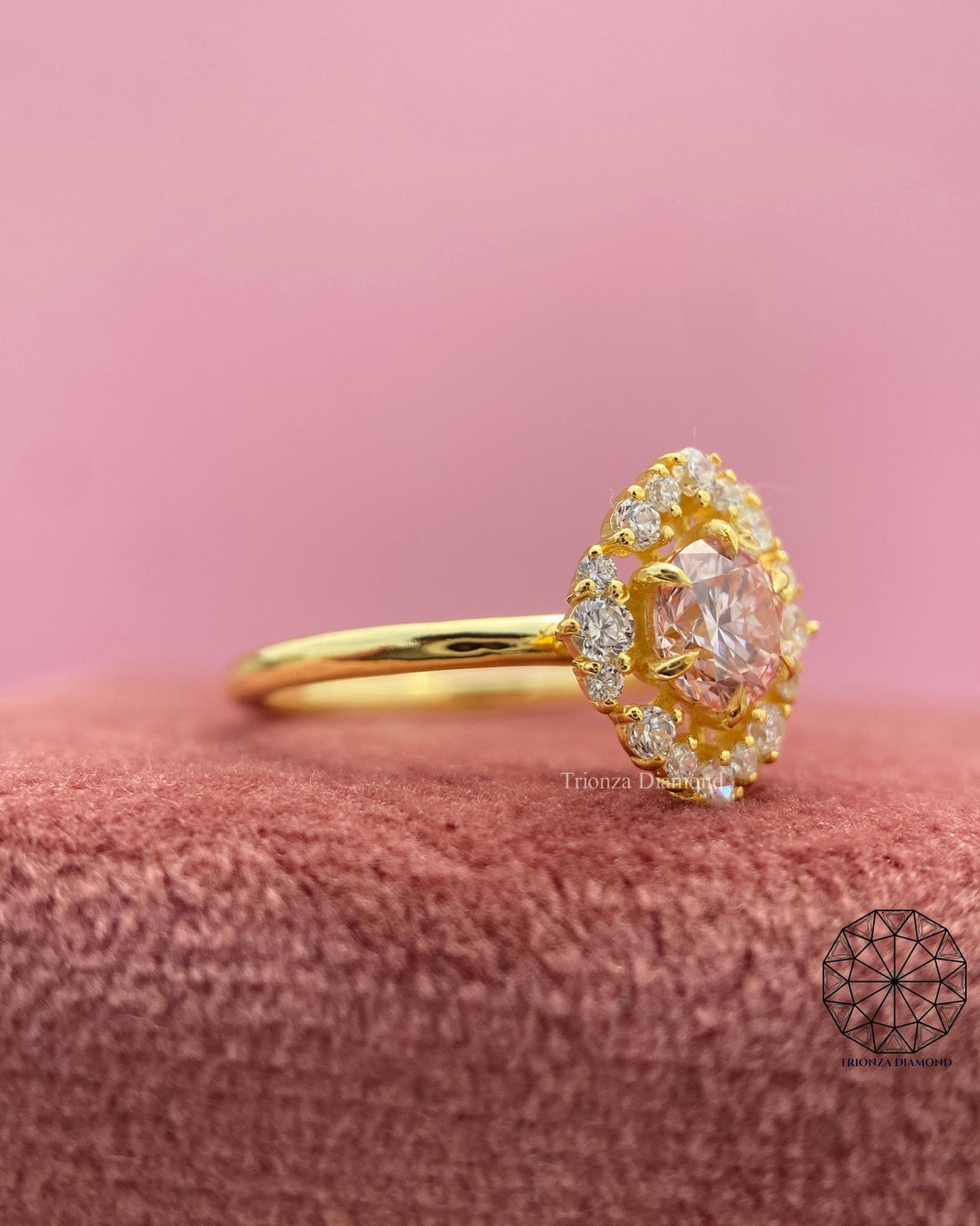 Pink Lab Grown Diamond Engagement Ring | 14K Gold Flower Halo