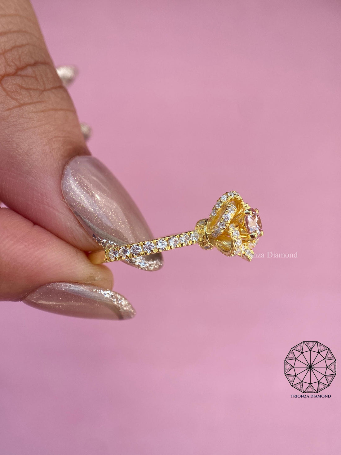 0.30 Ct Pink Lab Diamond Floral Halo Ring - 14k Gold Stackable