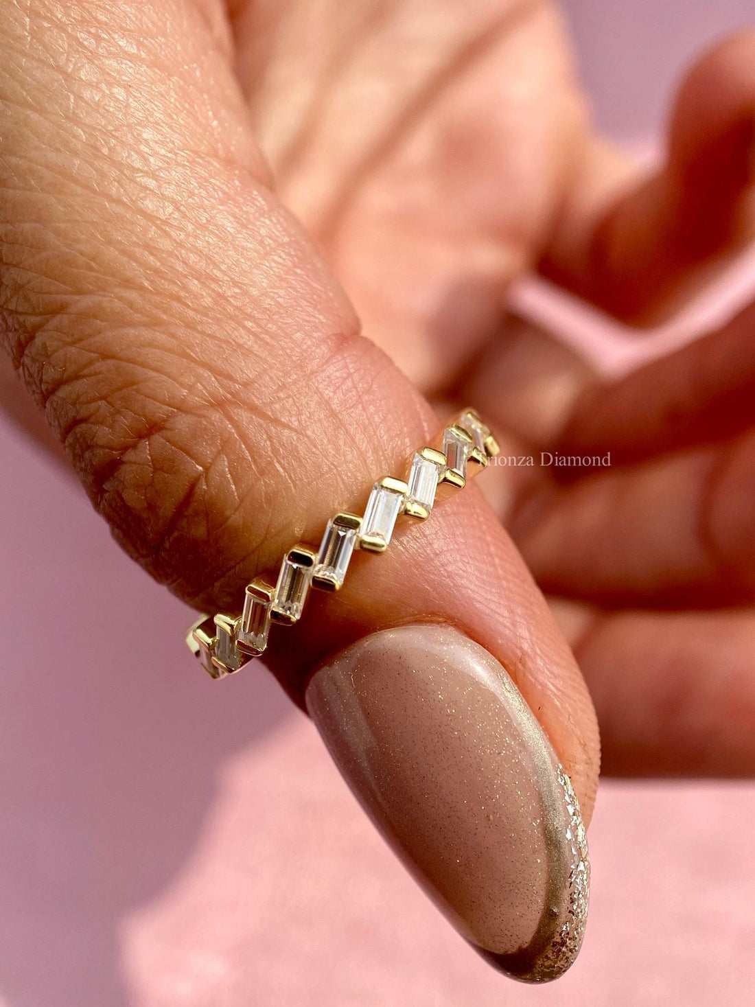 Baguette cut lab created diamond half eternity wedding band with bar set stones