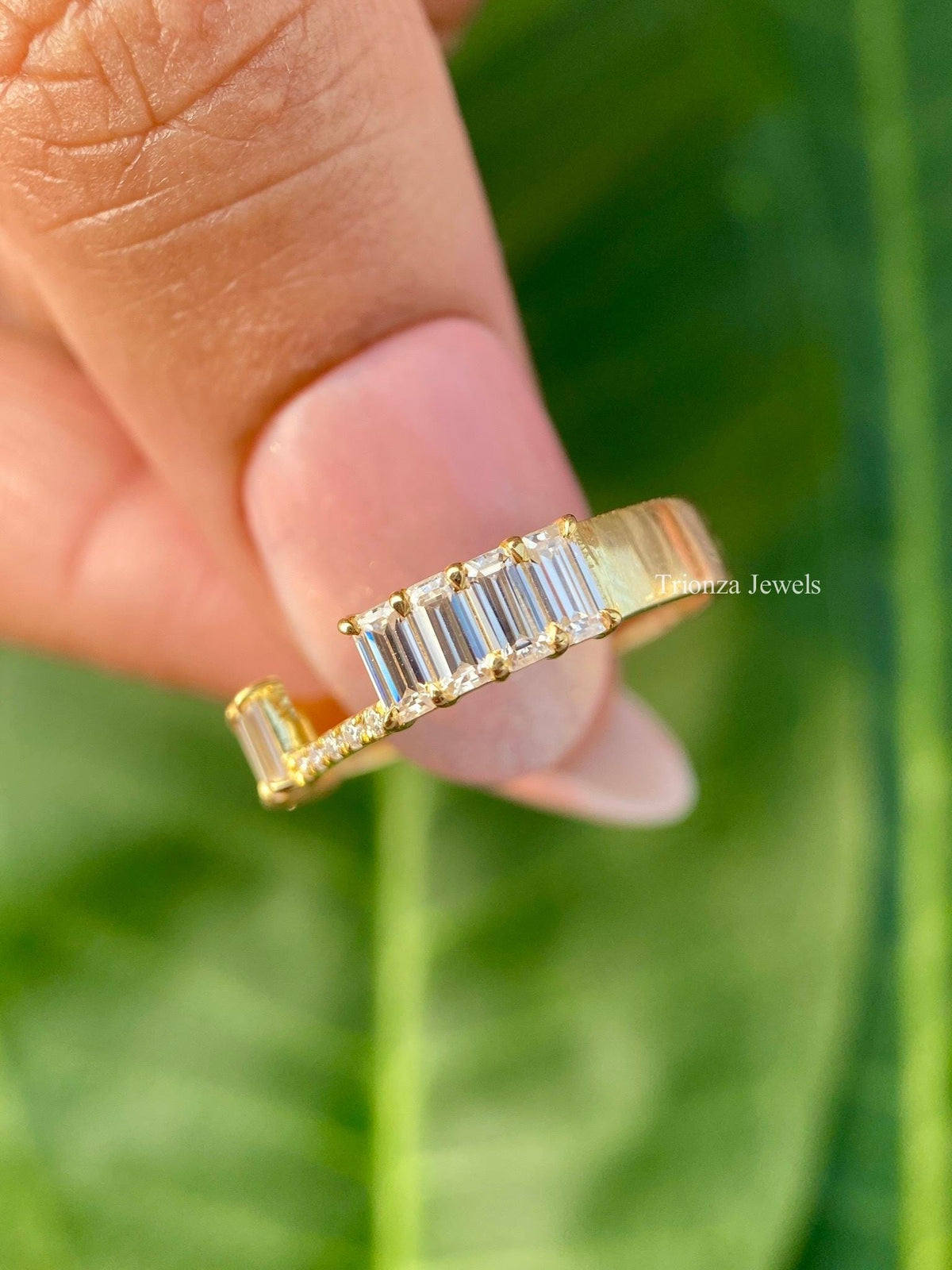 Wide anniversary ring featuring 0.92 TCW lab grown diamonds set in prongs