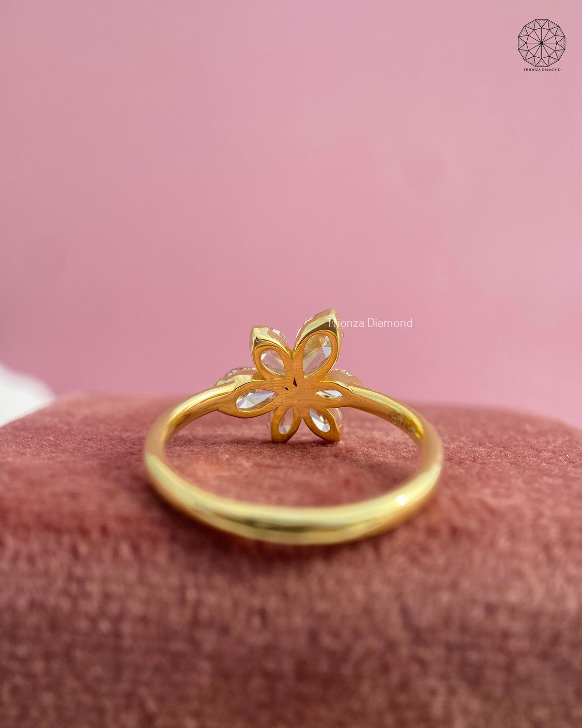 Petal diamond ring showing the pink and colorless stone arrangement in fine detail