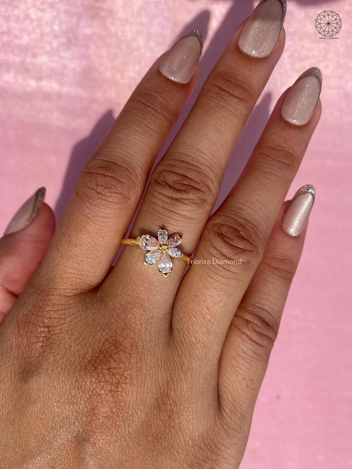 Pear cut lab grown diamond ring with pink tourmaline, ideal as a gift for women