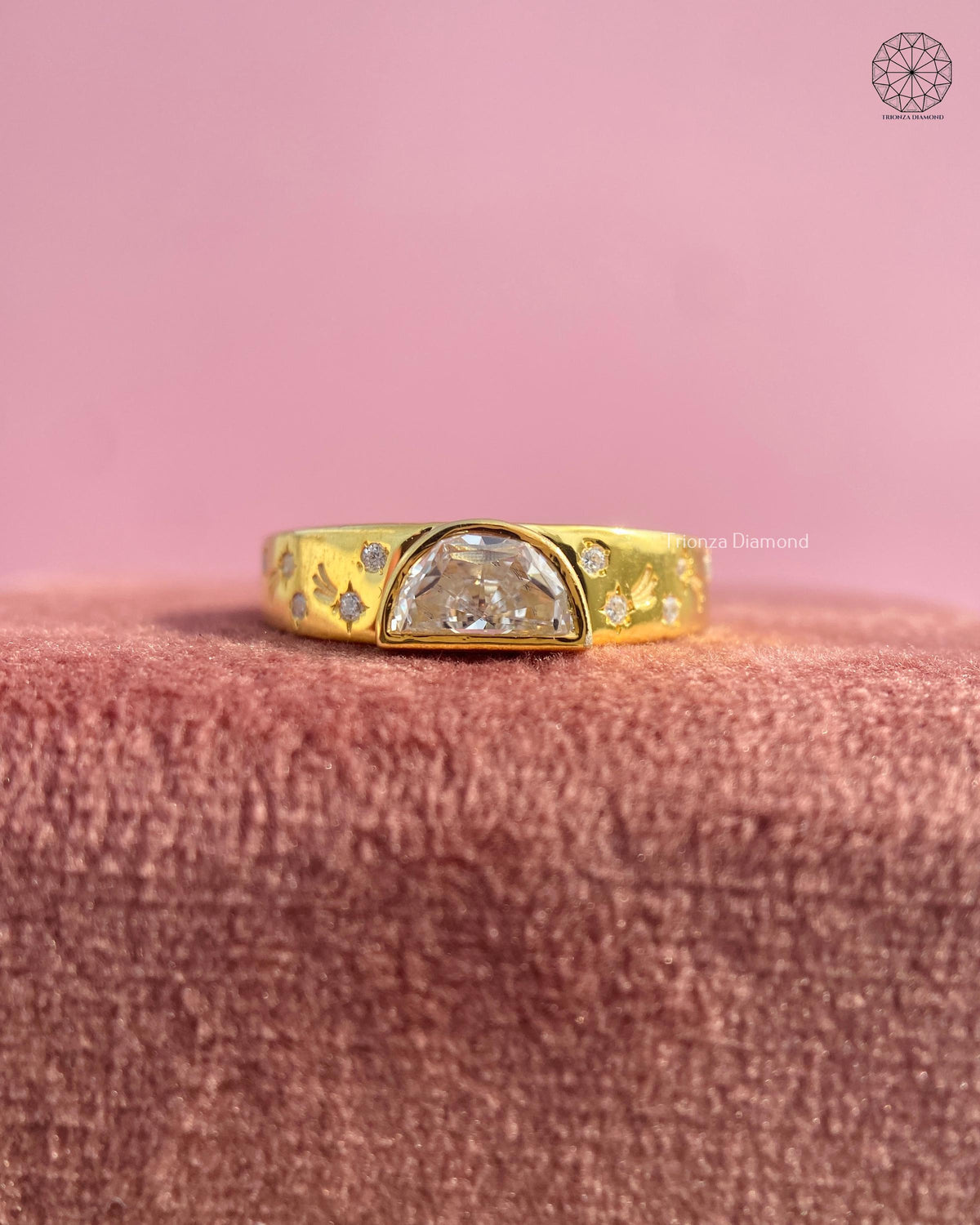 Fancy diamond ring displayed to showcase its wide band and statement design