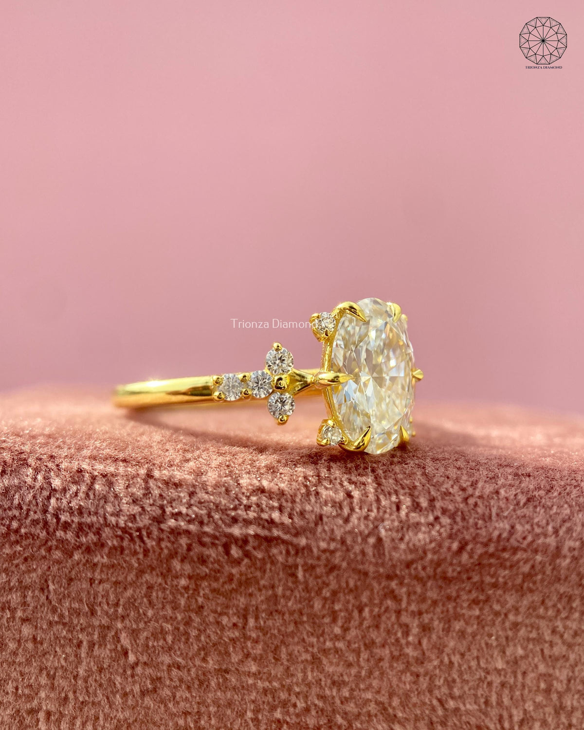 Close-up of the prong set oval diamond showcasing its brilliance and clarity