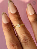 Oval cut lab grown diamond ring displayed to show its minimalist womens design