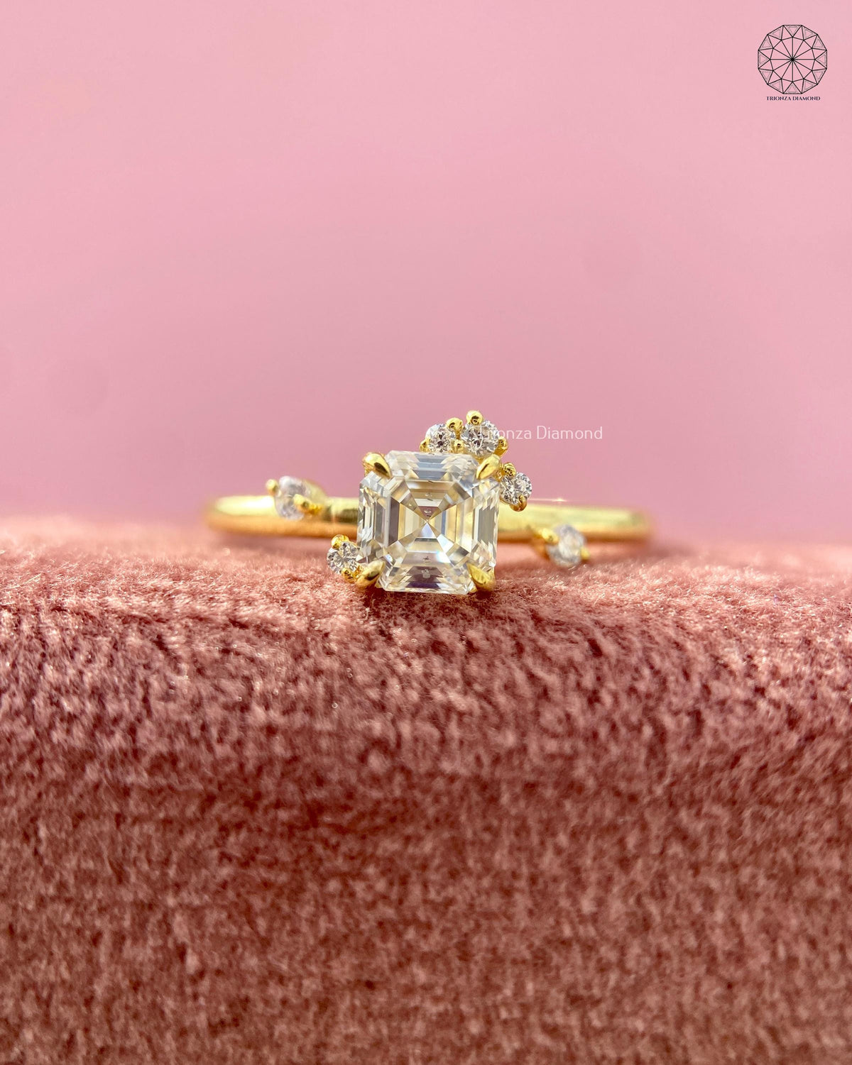 Asscher cut lab grown diamond engagement ring in 18K yellow gold with semi halo cluster design