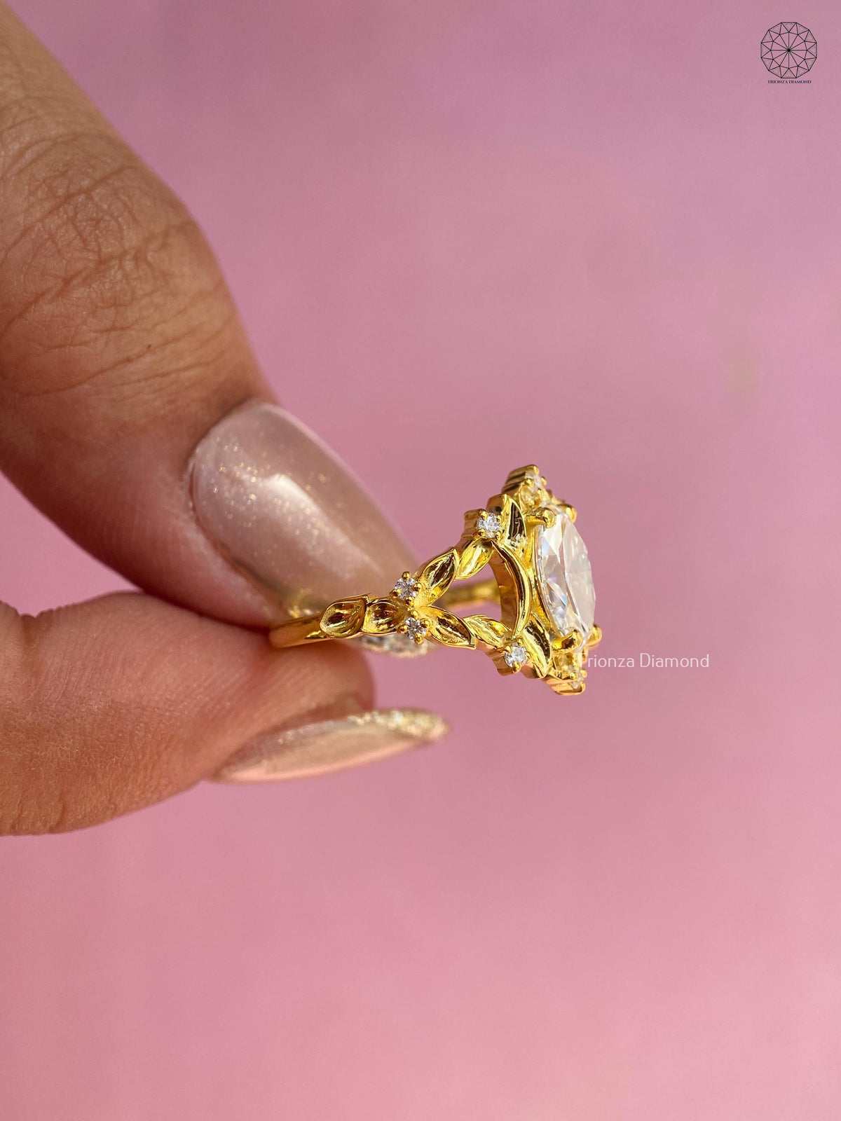 Diamond accent ring displayed in a jewelry box, emphasizing its vintage floral styling