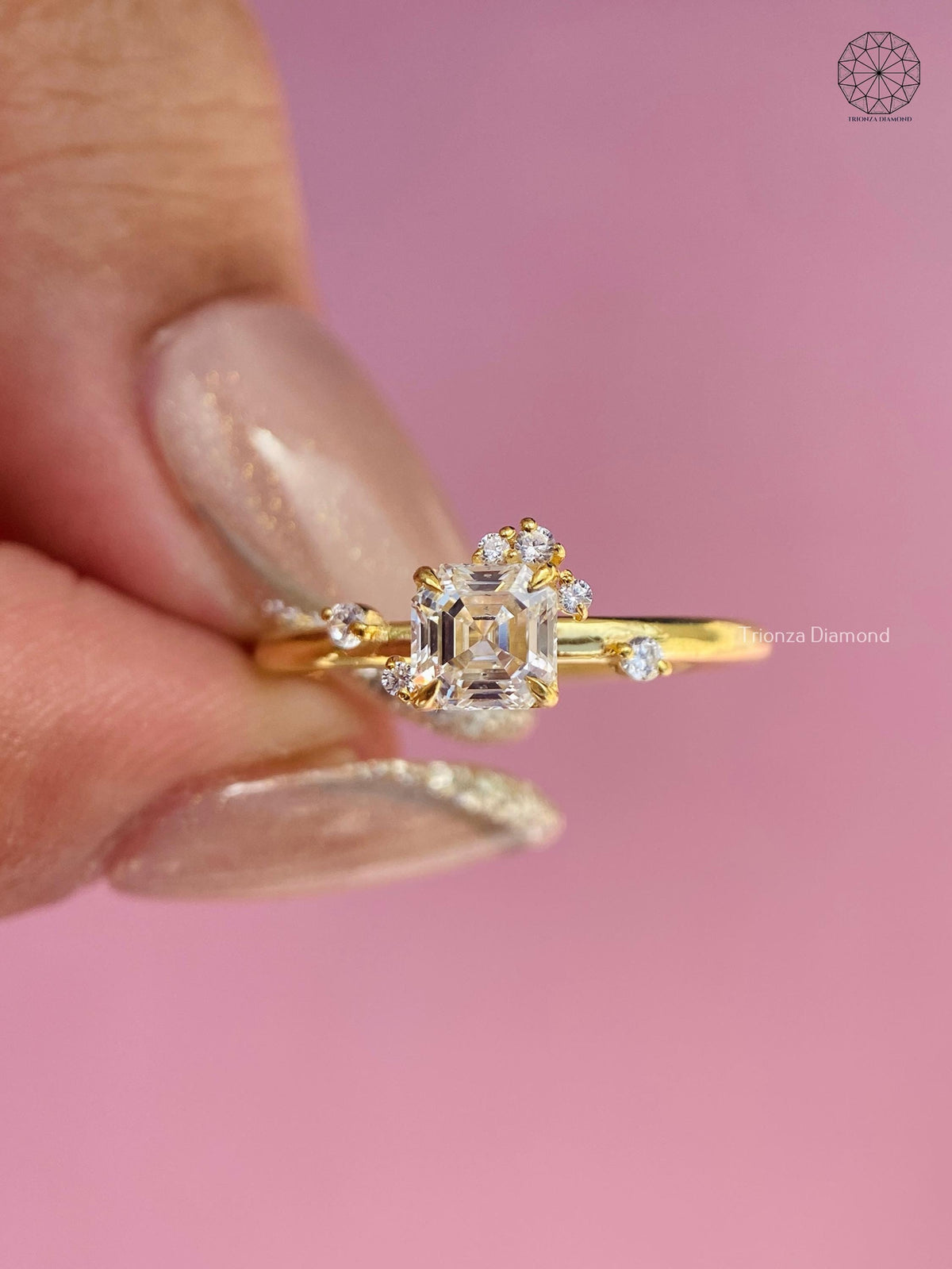 Woman wearing the asscher cut engagement ring with delicate solitaire accents on her hand