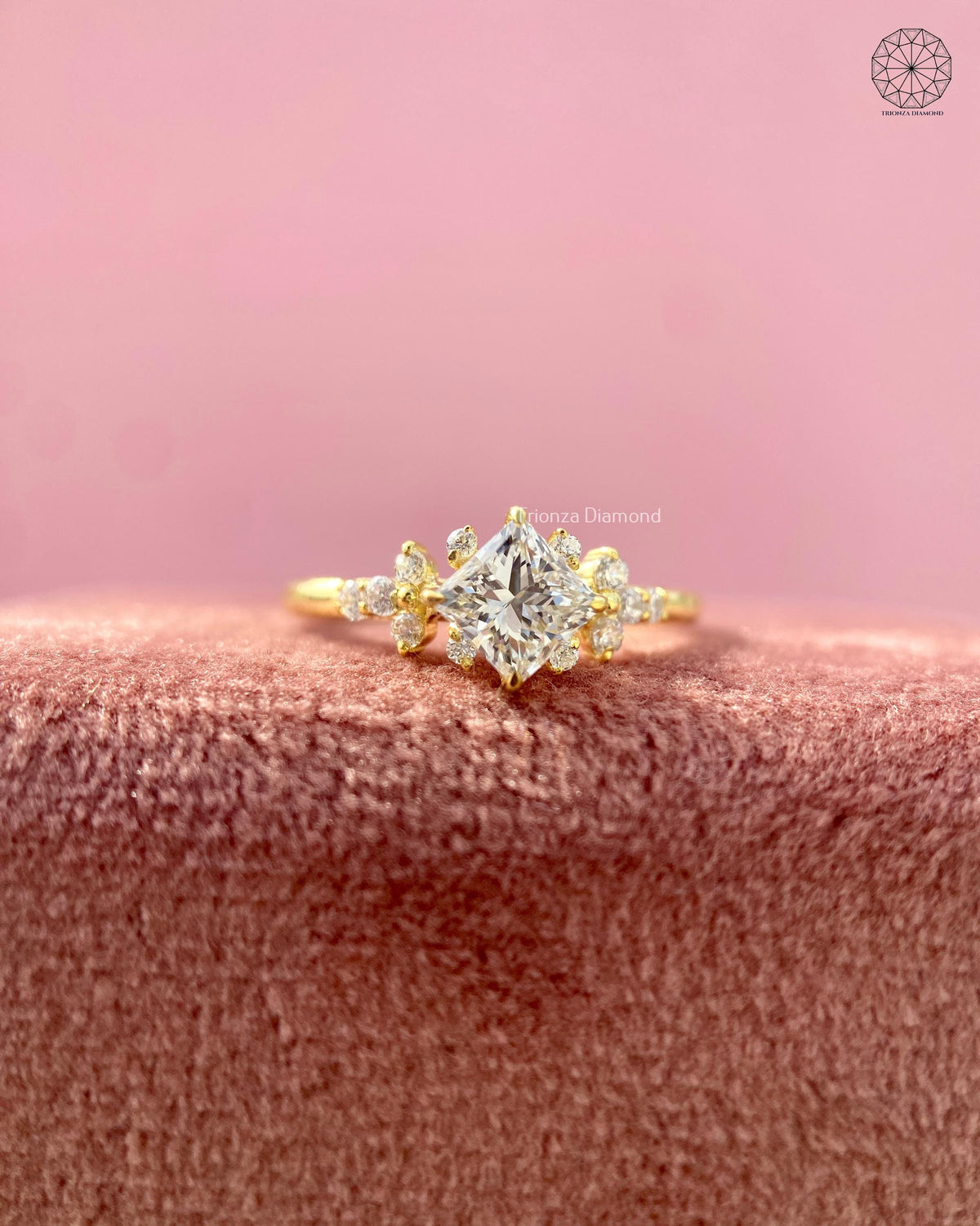 Princess cut lab grown diamond ring showcasing a floral cluster design in yellow gold