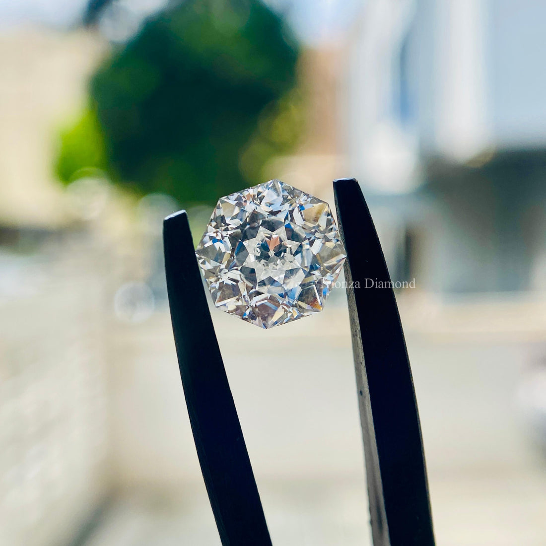 Octagon cut lab grown diamond displayed to highlight its facets and natural glow